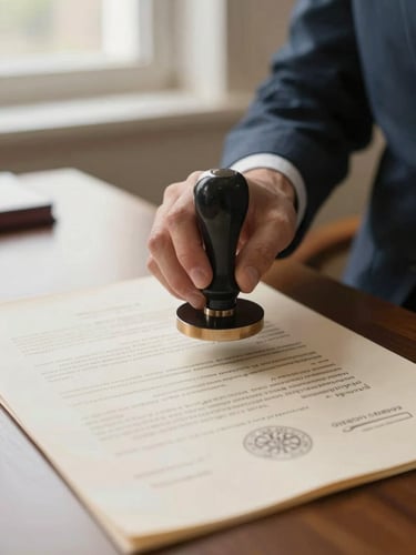 Close-up of a state-commissioned notary public stamping an official document with a steel seal, warm natural window light, professional desk setting, 35mm.