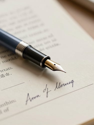 Macro shot of a high-quality fountain pen resting on a signed legal contract, soft natural daylight, shallow depth of field, warm cream tones.