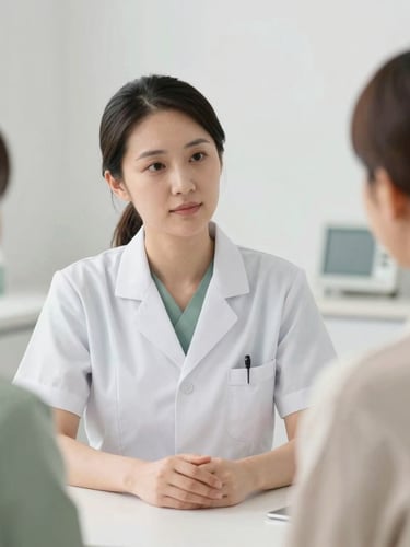 Medium shot of a professional female clinician in a clean uniform, conducting a personalized consultation with a client in a serene, modern clinical setting, soft natural lighting, professional and calm aesthetic