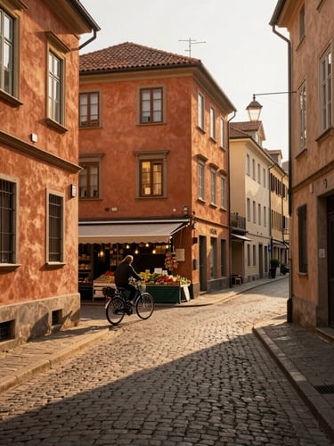 Eye-level view of a narrow European neighborhood street at late afternoon, warm golden light on terracotta and ochre plaster facades, a local on a bicycle passing a corner market with produce displayed outside, long shadows on cobblestones, no tourists