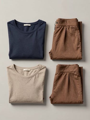 Frontal studio shot of folded women's tops and trousers arranged on a clean neutral surface, diffuse even lighting, clear fabric texture and color visible, direct product-first framing with no styling props