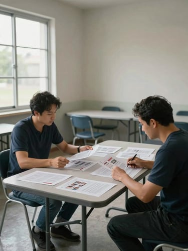 Wide shot of two people seated across a folding table in a community room reviewing printed materials together, daylight from a window to the left, papers and a pen on the table, working posture, no faces clearly visible