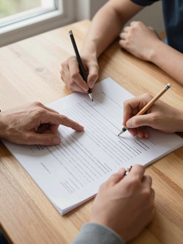 Close-up overhead shot of two pairs of hands on a wooden table, one adult hand pointing at a printed worksheet, a teenager's hand holding a pencil mid-write, natural daylight from a nearby window, no faces visible, warm cream and wood tones