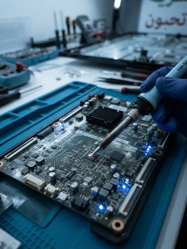 Macro shot of a high-precision soldering iron repairing an OLED television motherboard, glowing blue diagnostic lights, clean organized technical workbench in Al Karama, cool crisp lighting