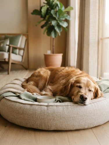 Warm editorial photography of a happy golden retriever resting on a plush orthopedic dog bed inside a pristine, sunlit luxury suite with minimalist wood and sage accents, soft morning light, shallow depth of field.