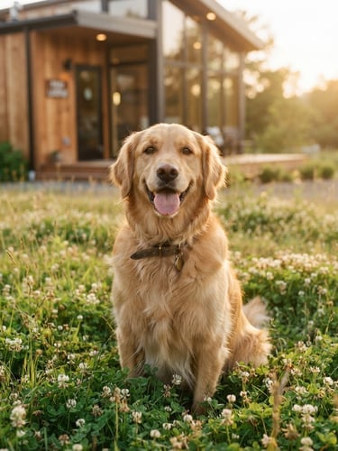 Eye-level portrait of a happy golden retriever sitting in a sun-drenched clover field in front of a modern wood-and-glass dog hotel, soft golden hour light, 35mm photography