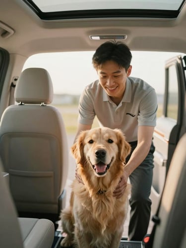 Warm editorial portrait of a professional driver gently welcoming a happy golden retriever into a clean, modern, air-conditioned premium pet transport vehicle, soft morning light.