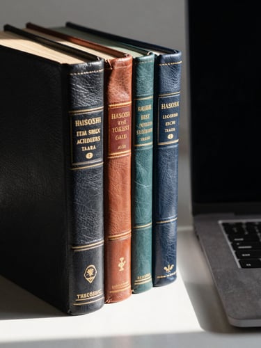 Macro view of structured leather-bound academic journals aligned next to a modern dark aluminum laptop, sharp morning light casting long geometric shadows