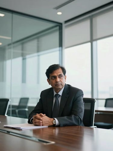A focused Indian corporate leader in a modern glass boardroom, clean architectural lines, high-contrast natural light, medium-wide environmental portrait.