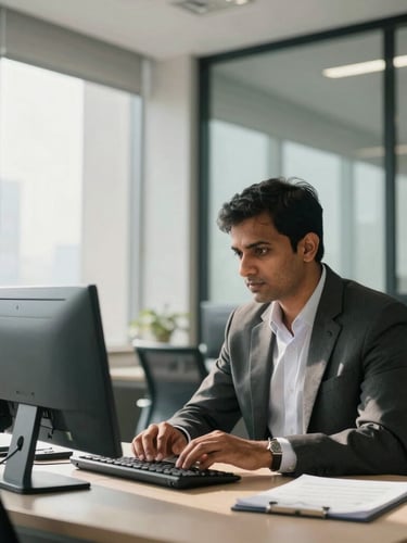 A focused Indian professional collaborating in a modern, sunlit corporate office in Mumbai, clean architectural lines.
