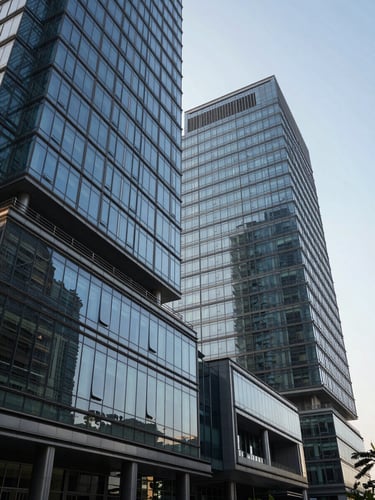 Architectural medium-wide shot of modern corporate headquarters in Mumbai under crisp morning daylight, sharp geometric glass facades reflecting the sky, clean structural lines.