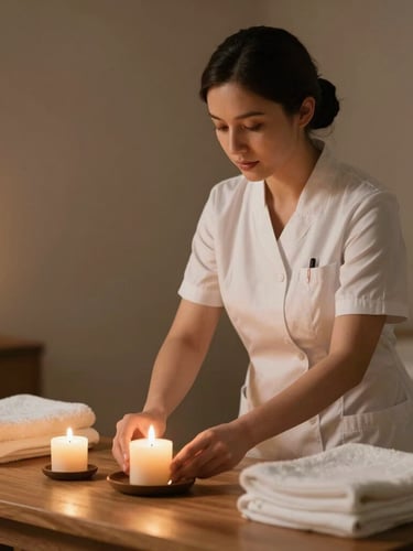 A professional therapist in a clean white uniform setting up aromatherapy candles and folded towels on a wooden table, warm ambient lighting