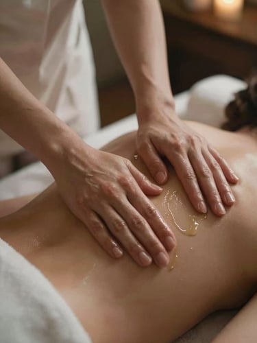 Close-up of hands applying warm massage oil on a back, soft low-key ambient light, elegant spa atmosphere, shallow depth of field