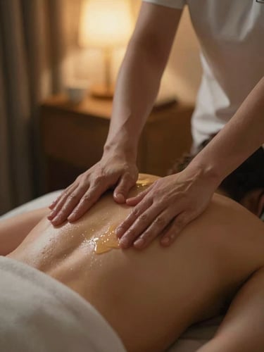 Close-up of professional therapist hands applying warm massage oil on back, soft low-key ambient lighting, golden hour glow, serene hotel room environment
