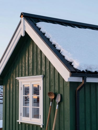 Crisp outdoor photography of a traditional Norwegian hytte in Vadsø, snow-dusted roof, soft golden hour light, clean tools leaning on the wall, 35mm