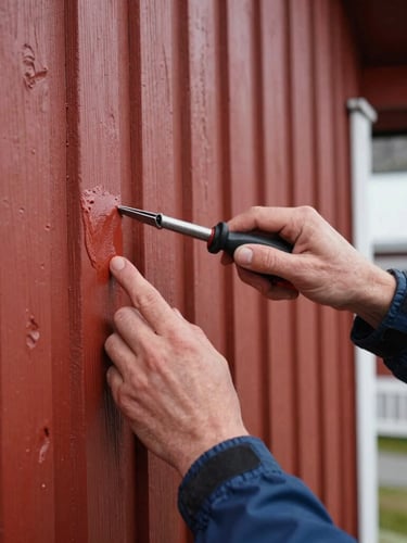 Hands-on maintenance work in Vadsø, close-up of hands painting a classic red wooden cabin wall, clean tools, soft natural daylight, 35mm
