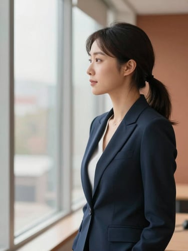 A professional woman in a navy blazer looking thoughtfully out of a bright office window, soft natural daylight, warm terracotta accent tones, shallow depth of field.