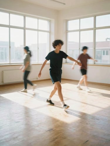 Sun-drenched empty dance studio floor with bright natural daylight streaming through large windows, dynamic motion blur, high-key photography, 35mm