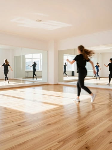 Bright sun-drenched dance studio with light wood floors, large mirrors reflecting daylight, clean white walls, wide angle 35mm