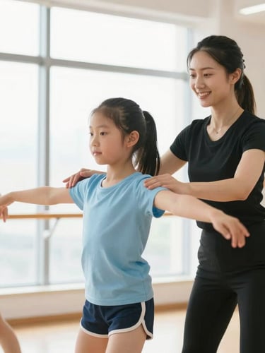 Smiling professional dance instructor guiding a young student in a bright, daylight-filled studio, soft motion blur, warm encouraging energy