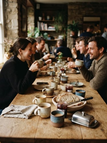 A long wooden communal table lit by soft window light, ceramic cups and fresh bread, warm shadows, moody editorial photography, 35mm film aesthetic