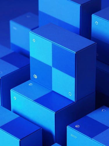 Vibrant studio photography of modern luxury product boxes stacked with sharp geometric shadows, saturated electric blue gel lighting