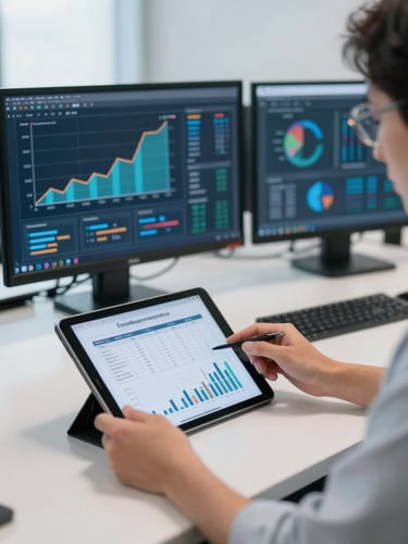 Profissional analisando dados financeiros em um tablet em um escritório moderno e organizado, luz natural fria, com gráficos digitais no fundo.