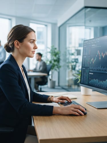 Modern corporate environment, professional analyzing financial data on a clean screen, bright cool-toned daylight, 35mm lens, image on the right bleeding to the edge.