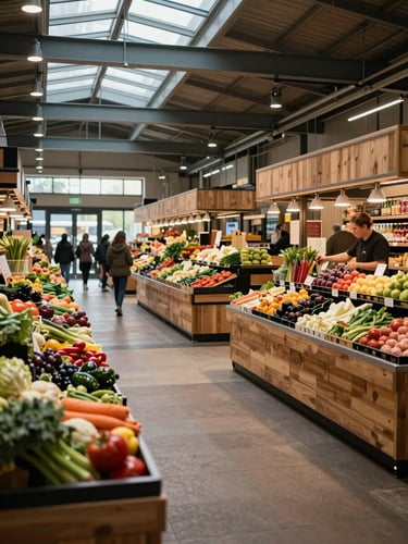 Wide shot of a modern food market interior in early morning before opening, wooden stalls with seasonal produce arranged in rows, overhead industrial lighting supplemented by daylight from skylights, a single market operator adjusting a display in the right third