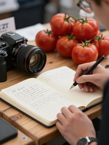 Close-up of a ZT Studio team member's notebook open on a wooden table at a market stall, handwritten observation notes visible, heirloom tomatoes blurred in the background, soft north-facing daylight, documentary framing