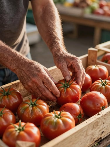 Farmer's weathered hands sorting heirloom tomatoes on a wooden crate at golden hour, warm low-angle sunlight across an open-air market stall, soil still visible on the produce, shallow depth of field
