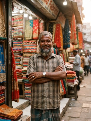 Environmental portrait of a proud Bangladeshi merchant standing in front of his colorful fabric shop in Dhaka, warm golden-hour light illuminating rich textiles, 35mm photography.