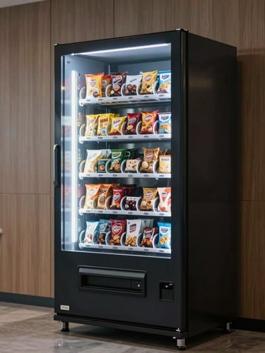 A sleek, modern glass-front vending machine stocked with premium snacks, integrated into a polished office pantry wall