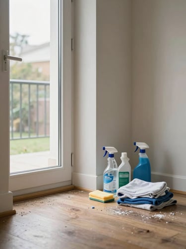 Wide environmental shot from the entry point of a residential room at the start of a cleaning job, natural window light from the left, cluttered surfaces and dusty baseboards visible in the foreground, cleaning supplies and folded cloths on the floor ready for use, no people in frame