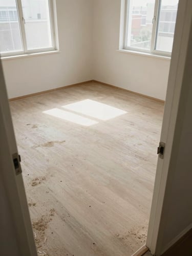 Wide overhead shot of an empty residential room at the start of a cleaning job — bare floors with visible dust and scuff marks along baseboards, natural daylight streaming through uncovered windows, no furniture, shot from the doorway threshold looking in, clinical and unadorned