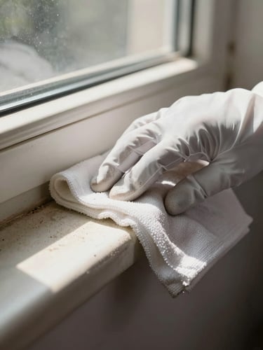 Extreme close-up of a gloved hand pressing a white cloth against a grimy baseboard, natural daylight from a nearby window raking across the surface, dust and residue visible in the light, no styling, residential interior