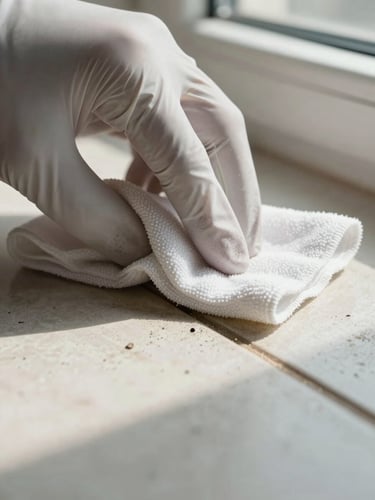 Extreme close-up of a gloved hand pressing a white microfiber cloth against a grimy tile grout line, natural window light falling at a low angle across the surface, grime visibly loosening at the point of contact, no styling or props