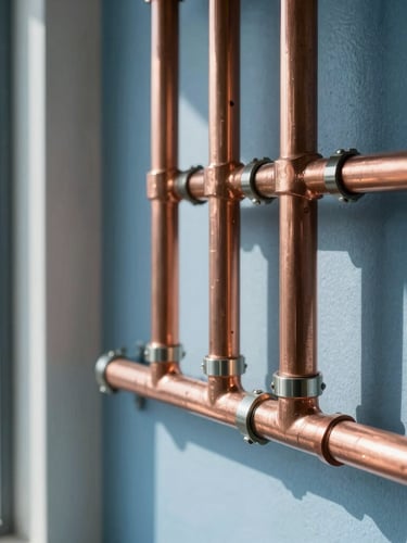 Close-up of clean, newly installed copper pipe networks in a modern mechanical room, bright natural daylight, sharp focus on technical joints, cool blue and slate tones
