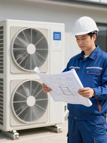 A professional engineer in clean branded gear looking at blueprints next to a modern outdoor heat pump unit, bright natural daylight, architectural composition