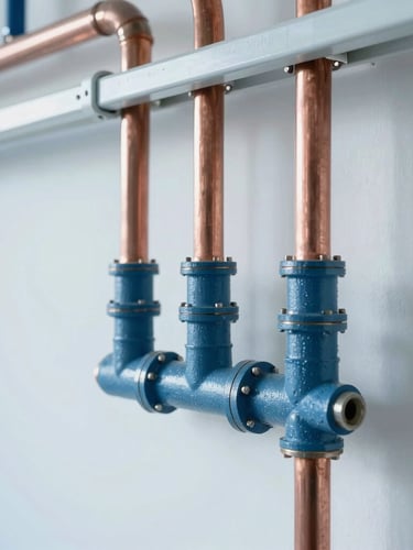 Close-up of clean, newly installed copper pipe network in a bright mechanical room, sharp focus on technical joints, cool blue tones, professional architectural photography