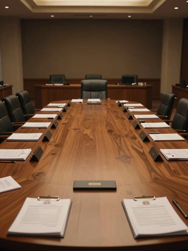 Wide environmental shot of a formal government boardroom, an empty oval table with official documents stacked at each position, warm tungsten overhead lighting casting long shadows, architectural columns in the background, no people, low-key cinematic atmosphere