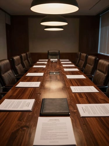 Environmental wide shot of an executive conference room after hours, a long dark wood table reflecting warm tungsten pendant lights overhead, leather chairs empty and precisely arranged, legal documents and a closed portfolio on the table surface, deep shadows at the room's edges