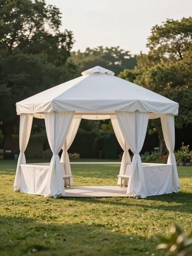 A clean white event gazebo neatly set up on a manicured green lawn in Northern France, soft afternoon light, professional event setup