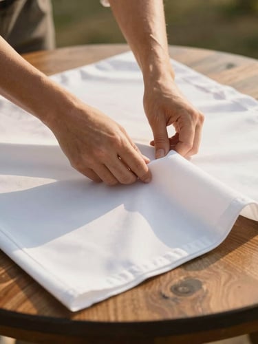 Hands adjusting a pristine white tablecloth on a round wooden table, warm sunlight, elegant wedding setup details