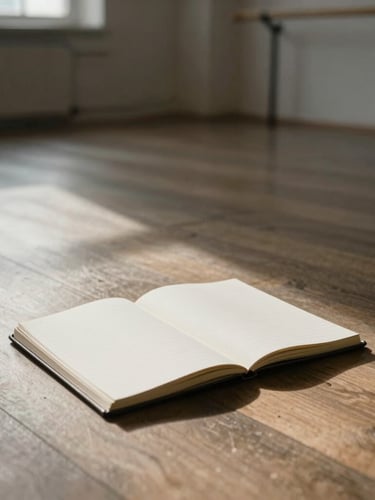 Quiet editorial photography of an empty sunlit dance studio, a clean notebook open on the wooden floor, soft side-lit atmosphere, 35mm.