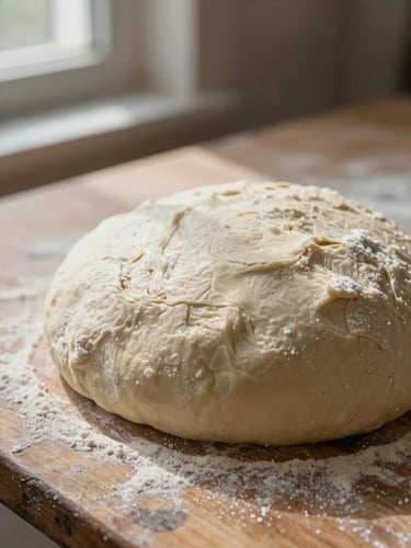 Extreme close-up of a raw dough ball mid-fermentation resting in a floured proofing basket on a weathered wood surface, natural window light from the left casting soft shadows across the dough's surface texture, grain visible, no human hands, documentary framing