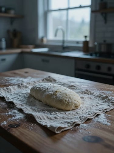 Wide shot of dough resting covered with a linen cloth on a wood table in a dimly lit kitchen at pre-dawn, single window letting in cool grey-blue morning light, flour dusted on the cloth surface, film grain, no people
