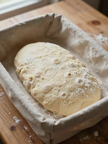 Overhead close-up of raw dough in a linen-lined proofing basket, visible fermentation bubbles on surface, dusted with flour, placed on a worn wooden table, natural diffused window light, film grain, warm terracotta and cream palette, no human hands visible