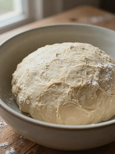 Extreme close-up of a raw dough mass resting in a wide ceramic bowl on a rough wooden surface, natural diffused window light from the left casting soft shadows across the dough's uneven surface, visible flour dust settled on the rim, no hands, no movement — the dough simply sits