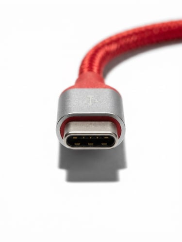 Macro studio shot of a vibrant red braided USB-C cable connector, sharp shadows, stark white background, high-key lighting